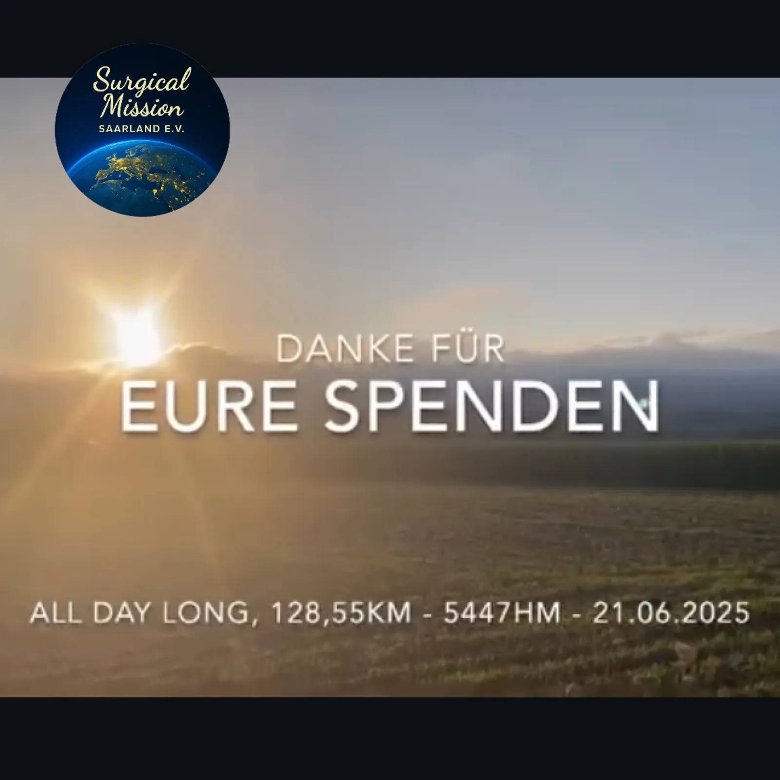 Thank-you graphic for the charity ride: 128.55 km and 5,447 m of climbing on 21 June 2025